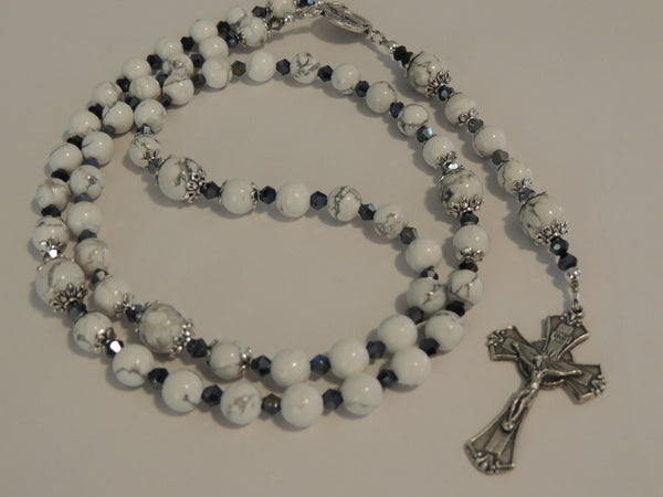 White Howlite Crystal Rosary Beads, St Benedict Centre, Flared Cross, Handmade, Black Bicone Spacer Beads, Gift Boxed