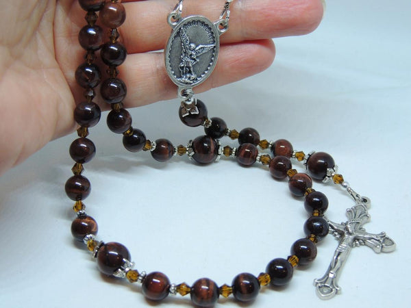 St Michael Rosary Beads - Red Tigers Eye Gemstone with Amber Crystal Spacer Beads - Silver Oxide Crucifix - Handmade - Gift Boxed