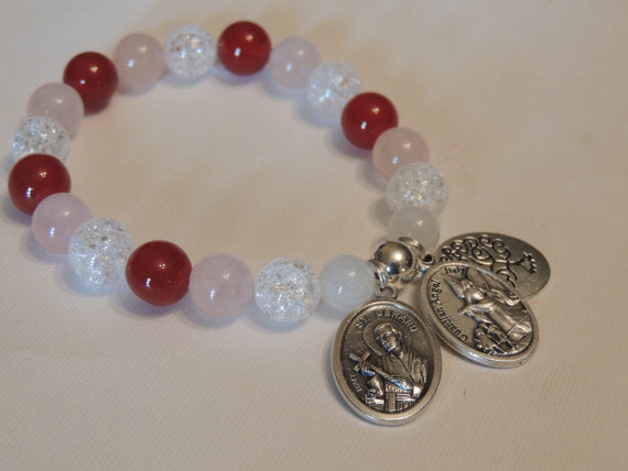 Fertility Healing Crystal Gemstone Moonstone Bracelet, St Gerard Majella, Guardian Angel & Tree of Life Charm Bracelet